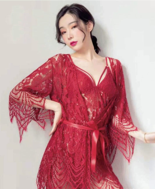 Red Lace Lingerie Set with Robe