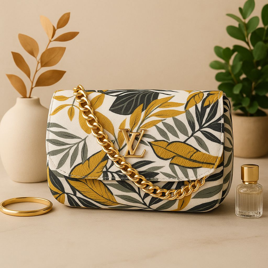 Floral Designer Crossbody Bag with Gold Chain