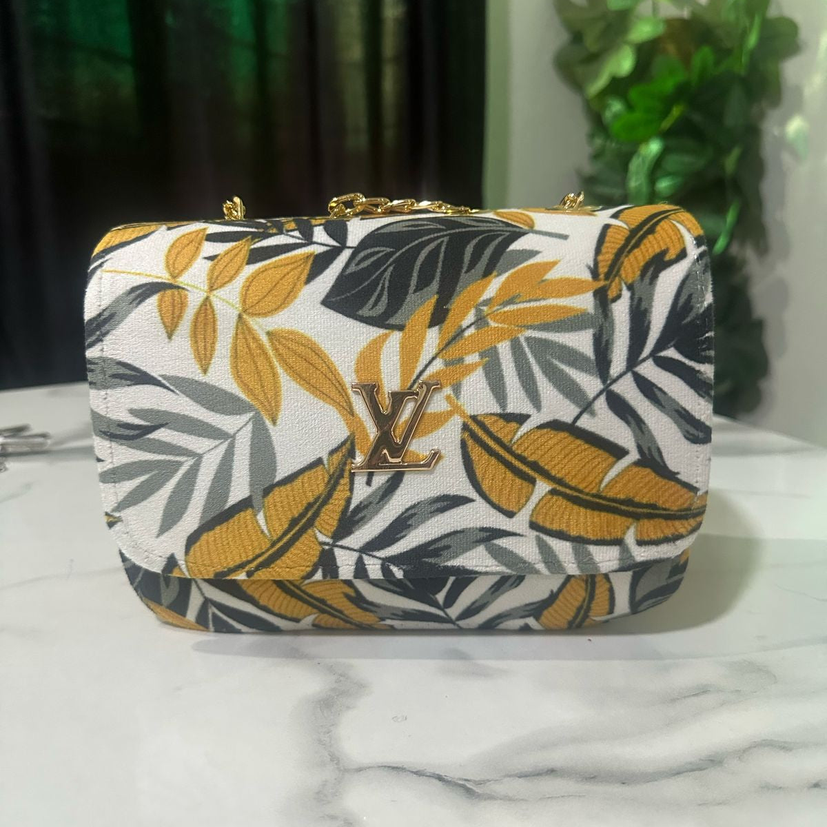 Floral Designer Crossbody Bag with Gold Chain