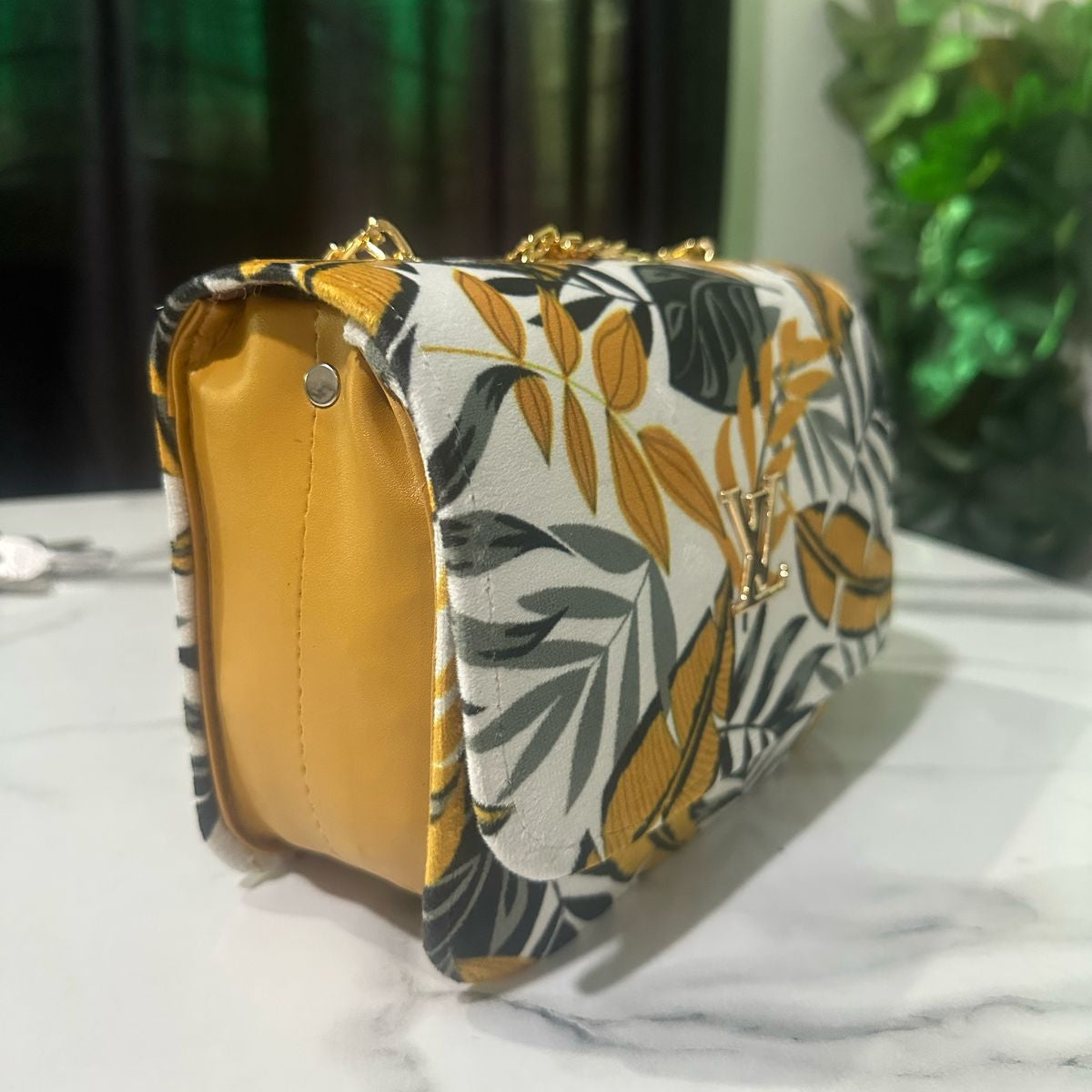 Floral Designer Crossbody Bag with Gold Chain