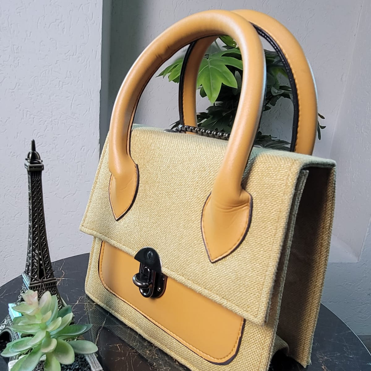 Chic Beige Canvas & Leather Handbag