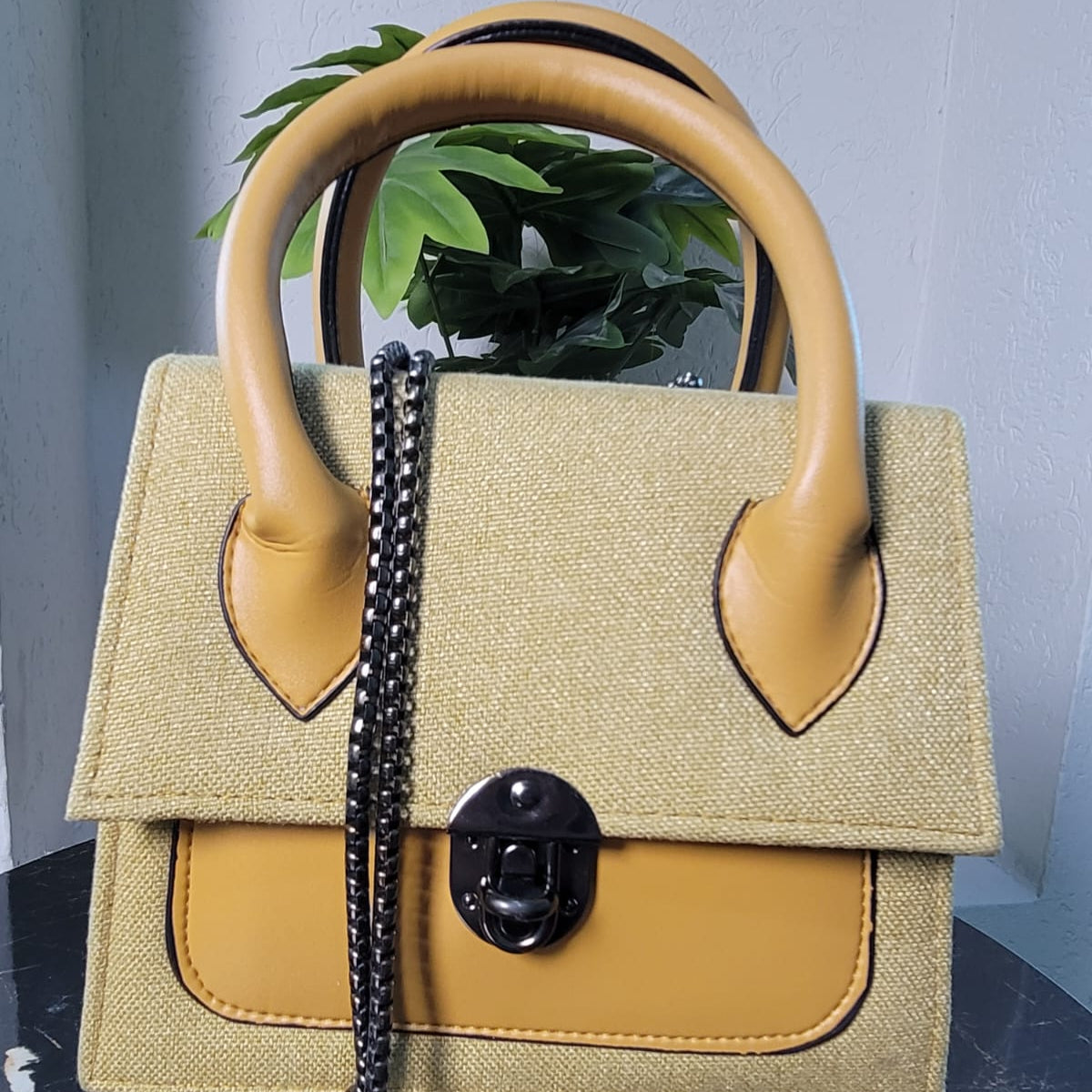 Chic Beige Canvas & Leather Handbag