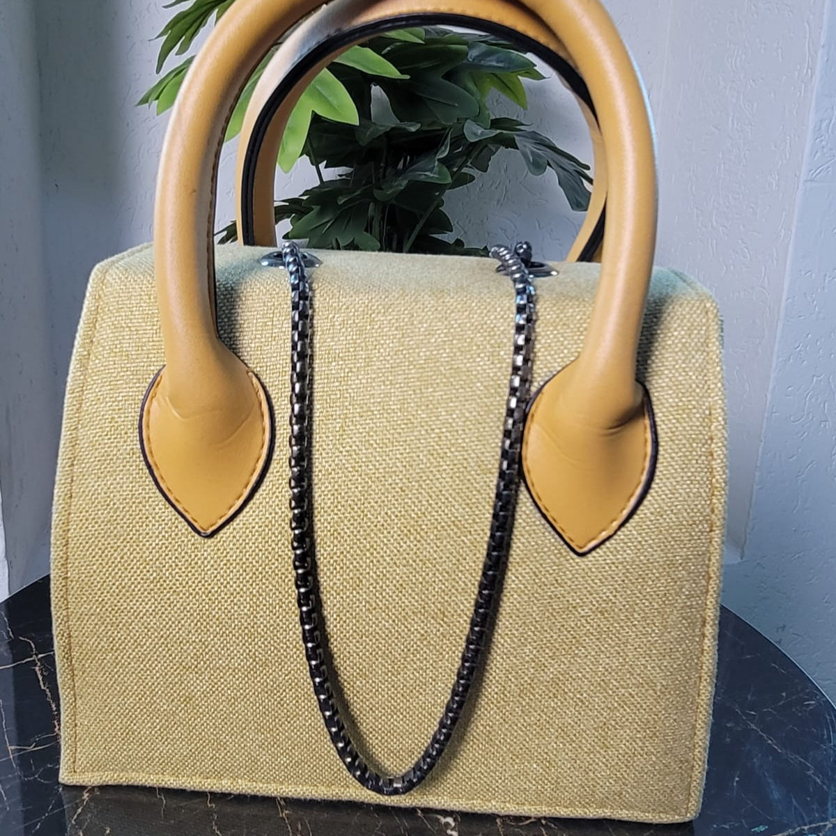 Chic Beige Canvas & Leather Handbag