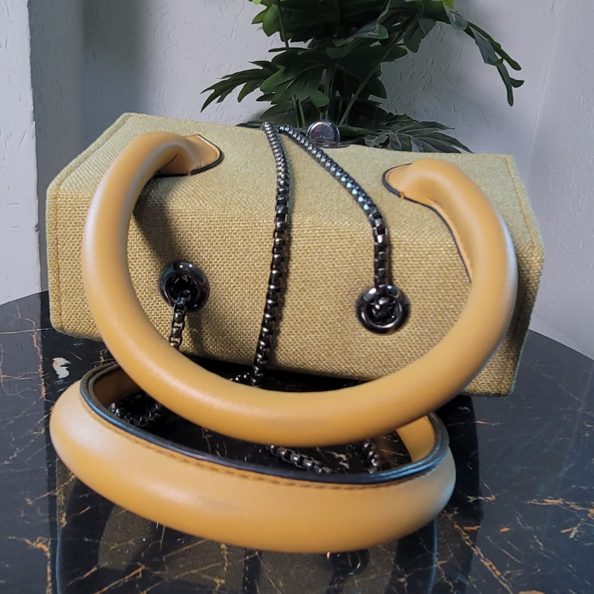 Chic Beige Canvas & Leather Handbag