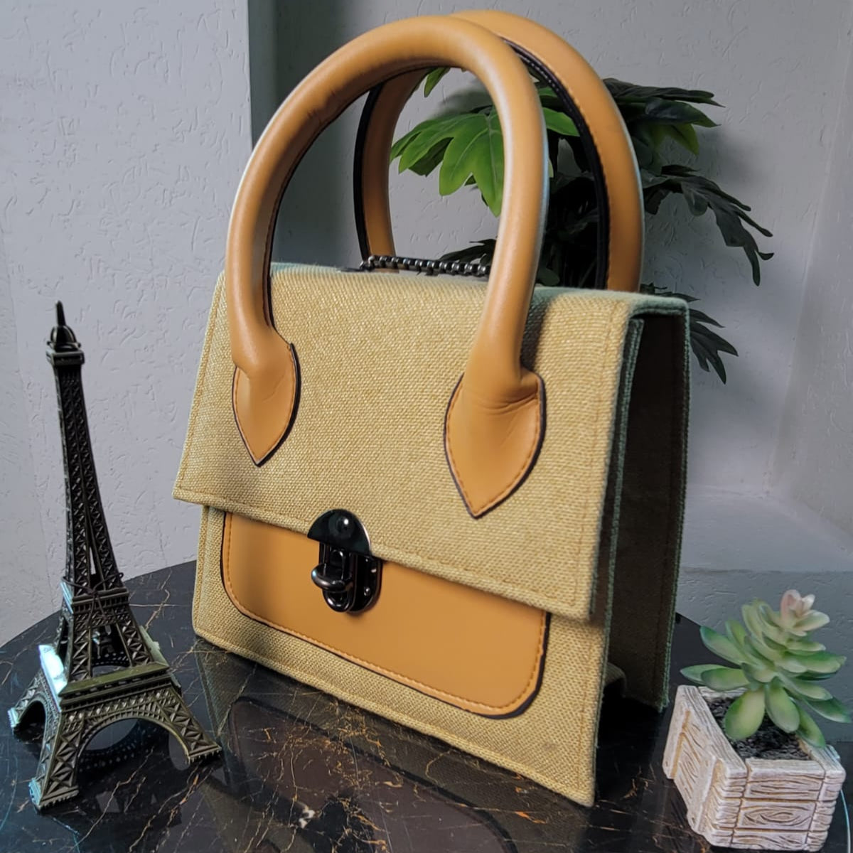 Chic Beige Canvas & Leather Handbag