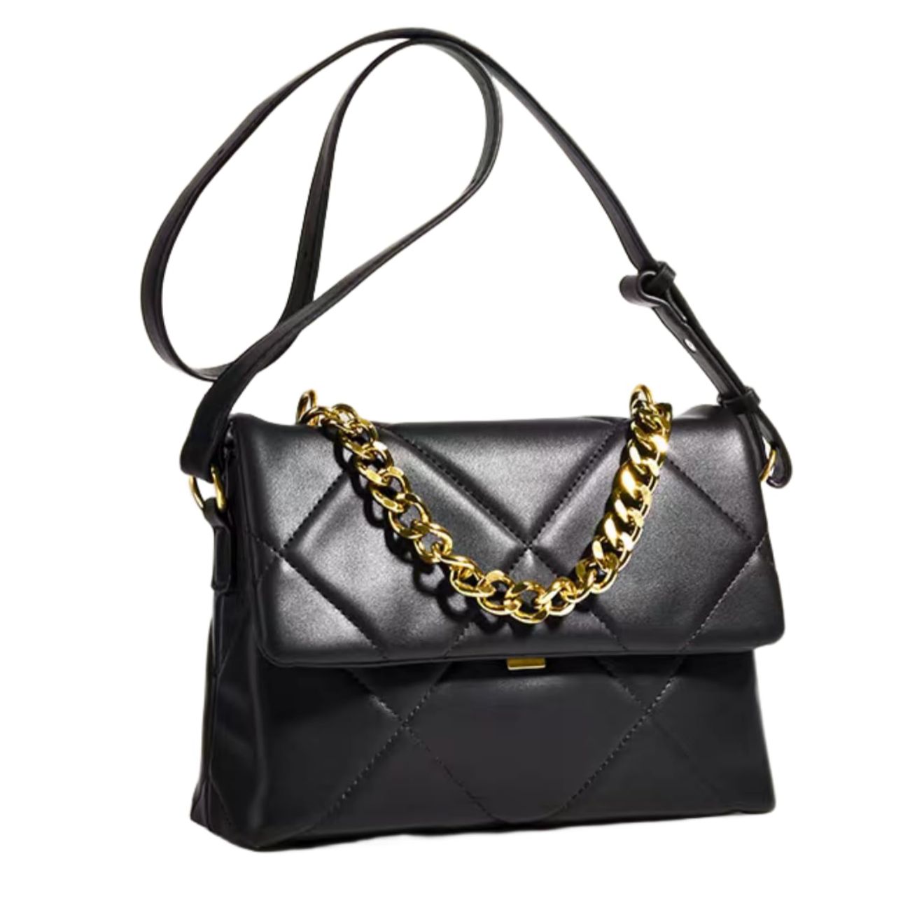 Black Quilted Shoulder Bag with Gold Chain