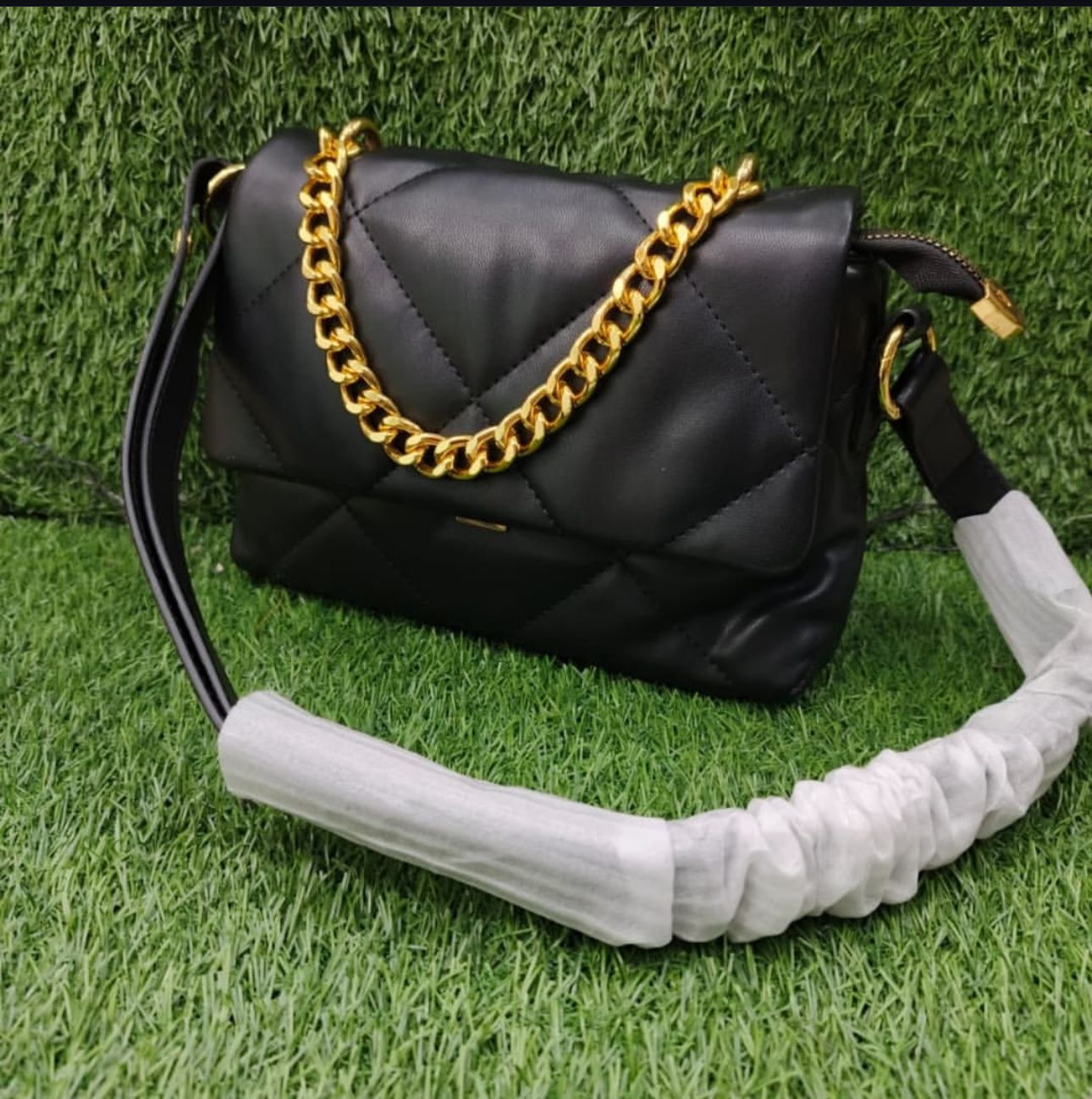 Black Quilted Shoulder Bag with Gold Chain