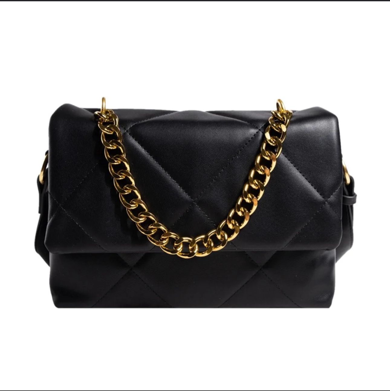 Black Quilted Shoulder Bag with Gold Chain