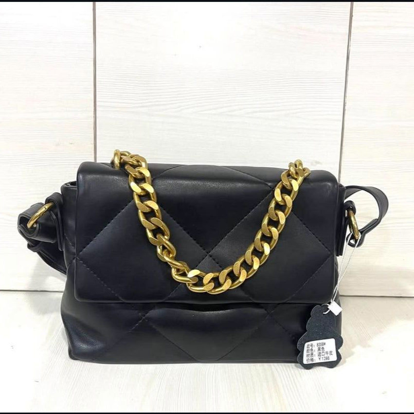 Black Quilted Shoulder Bag with Gold Chain