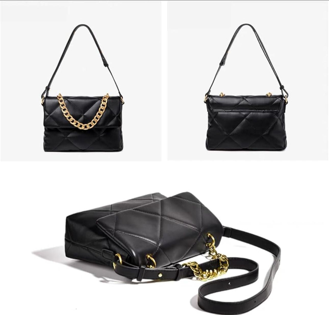 Black Quilted Shoulder Bag with Gold Chain