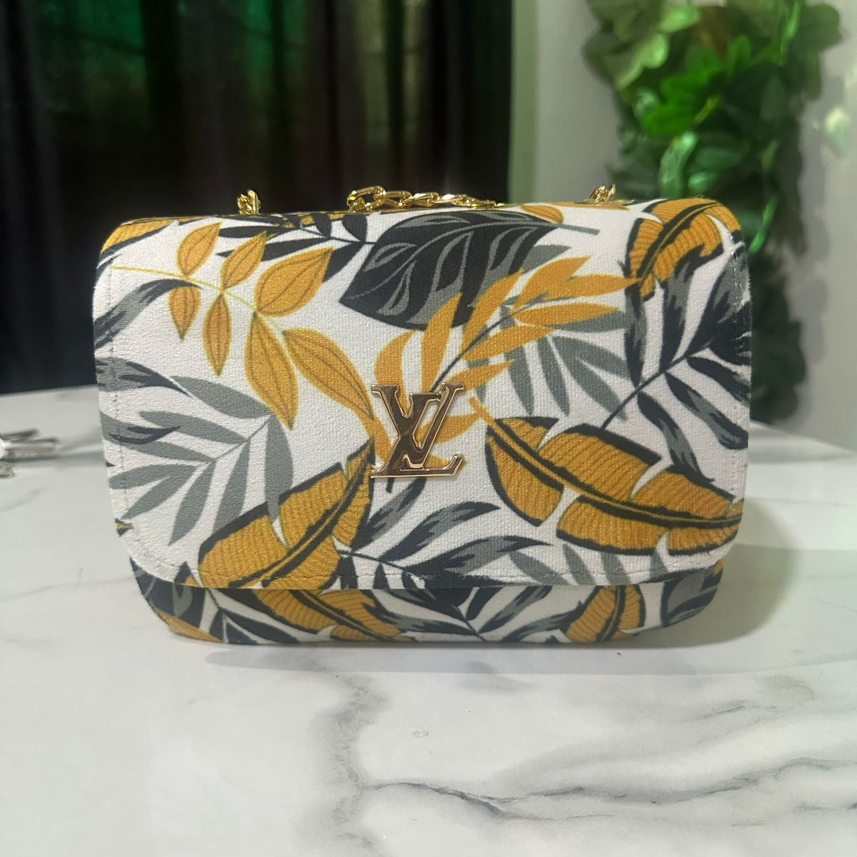 Floral Designer Crossbody Bag with Gold Chain