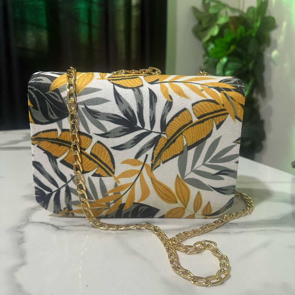 Floral Designer Crossbody Bag with Gold Chain