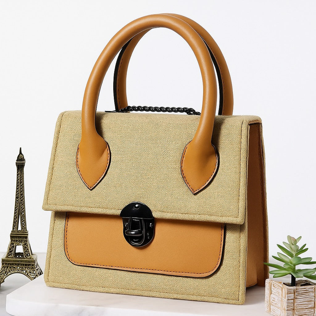 Chic Beige Canvas & Leather Handbag