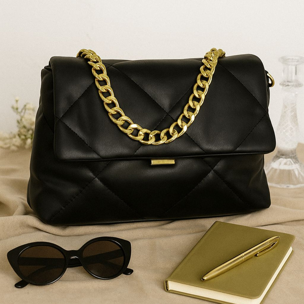 Black Quilted Shoulder Bag with Gold Chain
