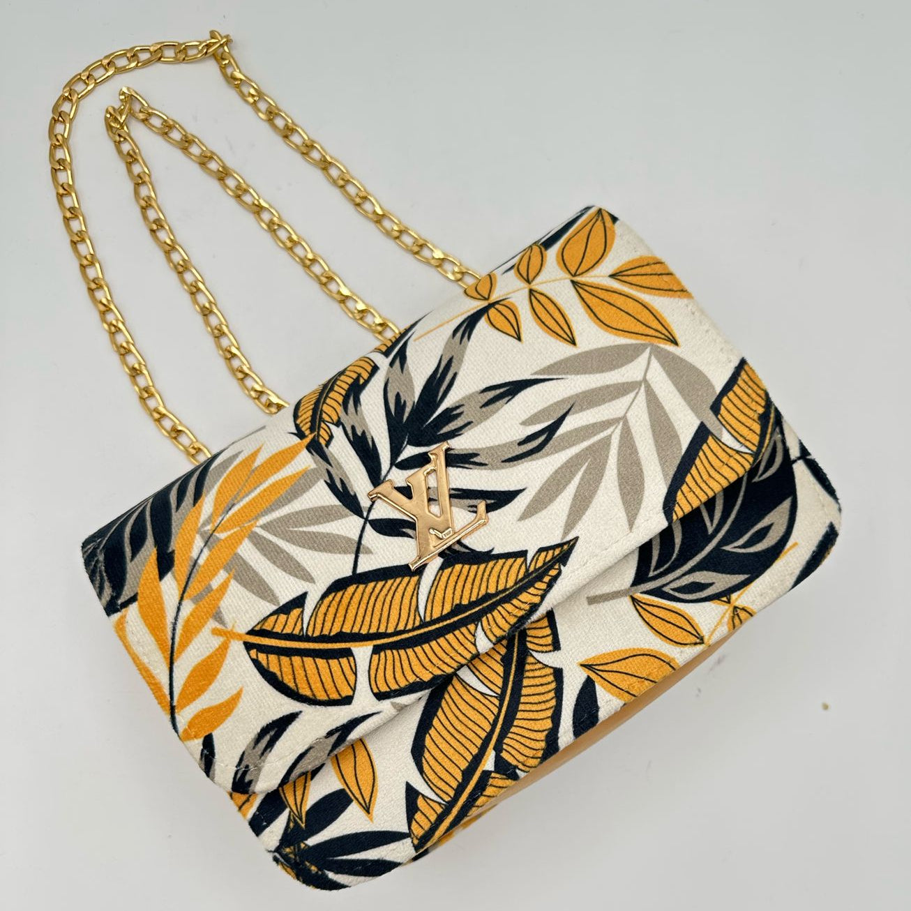 Floral Designer Crossbody Bag with Gold Chain